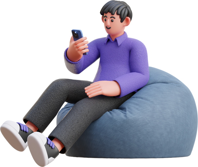 3D Character Male Look at Smartphone Sitting on Bean Bag